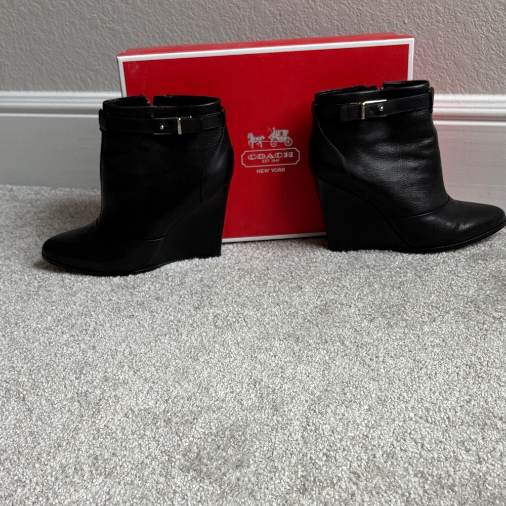 Coach Black Leather Wedge Boots